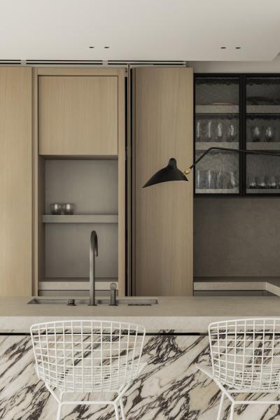marmer eik fineer steel look inrichting appartement gewolkt glas structuurglas figuurglas keramiek